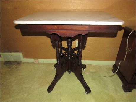 Ornate Antique Table with Wood Base & Marble Top