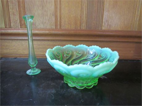 Vintage Green Vase & Bowl