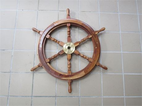 Vintage Wood & Brass Nautical Ship Steering Wheel