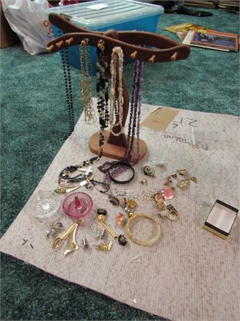 Costume Jewelry Lot: Necklace Stand, Ring Holders, Cleveland Sports Pins
