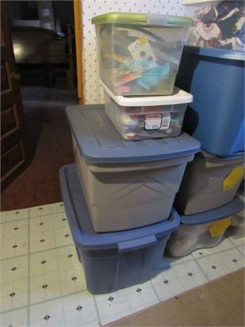 4 Storage Tubs Filled with Sewing Notions & Bedding/Linens