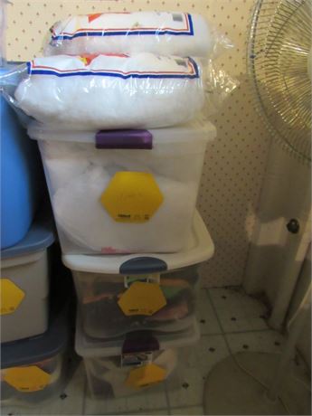 3 Storage Tubs Filled with Material + Bags of Stuffing