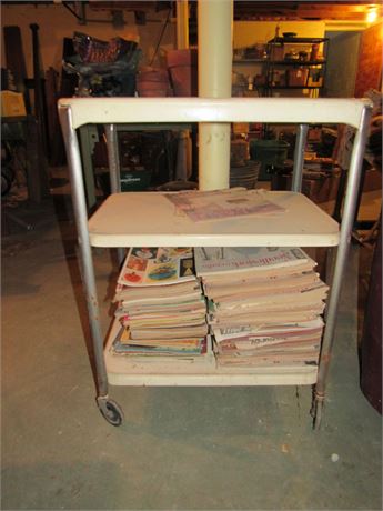 Metal Cart w/ Old Magazines & Linens