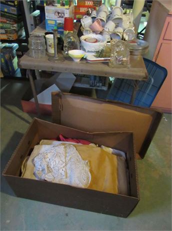 Clean Out Lot: Sterling Liverpool OH Mugs, Card Table, Linens