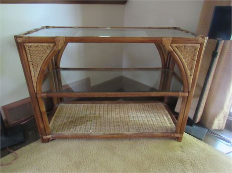 Wood, Wicker, and Glass Coffee Table
