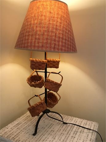 White Wicker Table and Country Lamp with Small Baskets