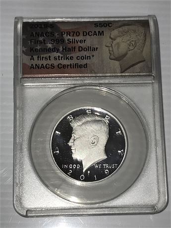 2019S ANACS Proof 70 D Cameo First Strike .999 pure silver Kennedy Half Dollar