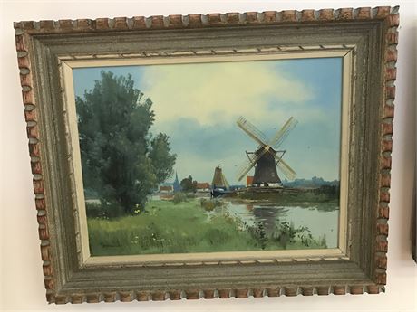 Charles Meeuwissen (Dutch,1921-1985) Original Oil on Board Windmill Scene
