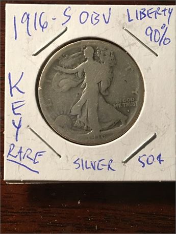 1916-S Standing Liberty Silver Half Dollar, Rare S on Obverse
