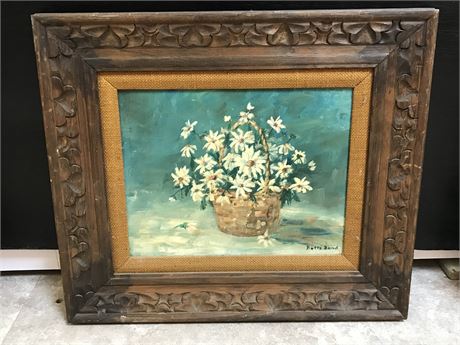 Still Life Oil on Board by Betts Bond “Basket of Daisies” in Hand Carved Frame